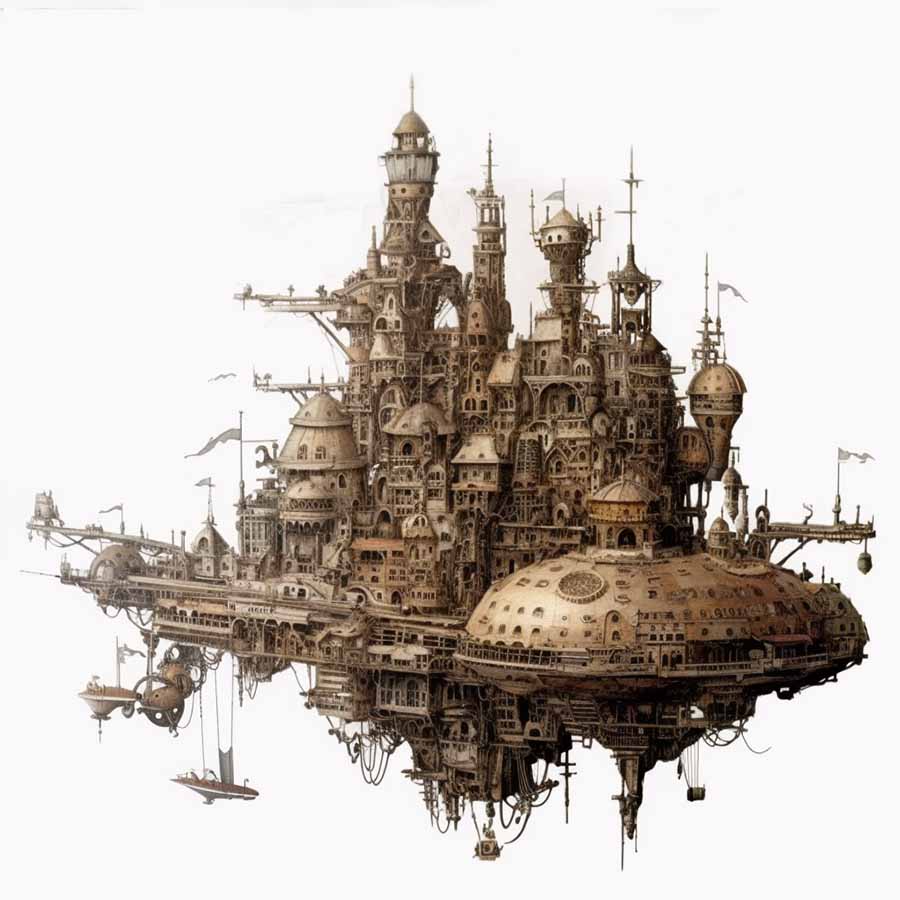 chris888 inspiring steampunk flying city on a completely white_orig