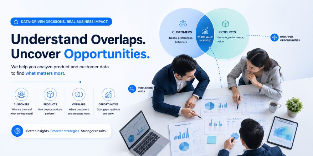 Business team analyzing overlapping product_customer data